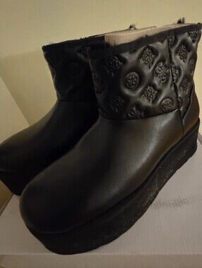 GUESS Jilla Platform Ankle Boots Black Logo Embossed Size 8M